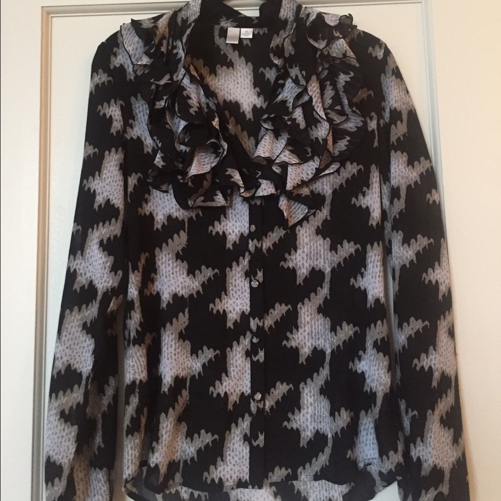 Black & gray button down shirt with ruffle collar